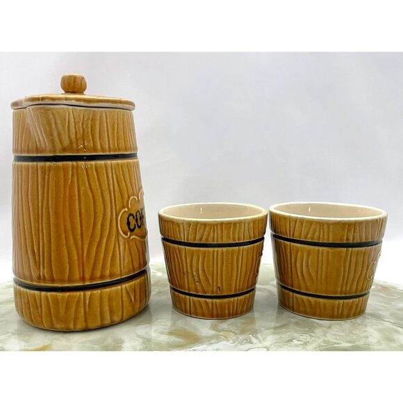 Vintage 60s coffee set, coffee pot & 2 cups, faux wood grain, Royal Sealy Japan - Picture 2 of 7